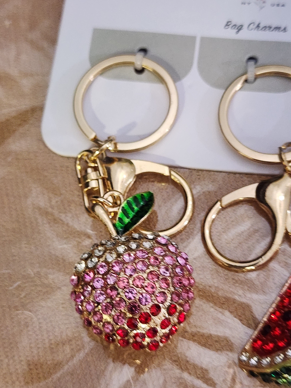 Gold-tone Crystal Apple Keychain Charm in Pink and Red